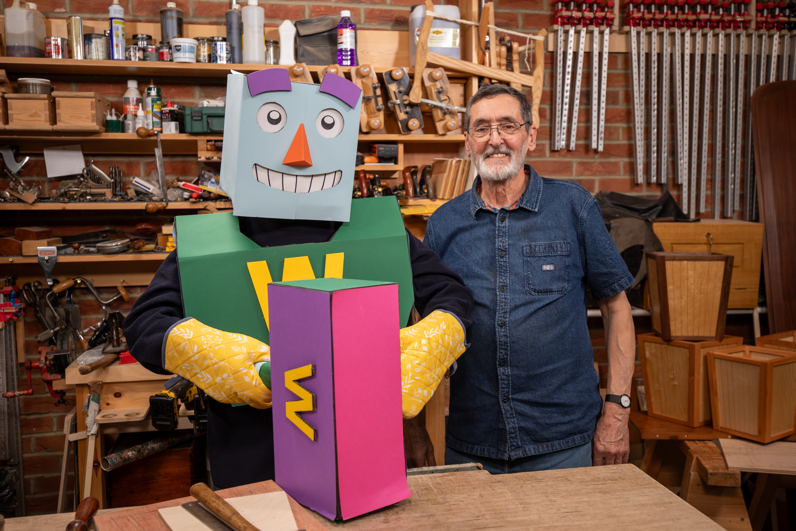 Paul Sellers standing alongside Woody in his Oxfordshire workshop